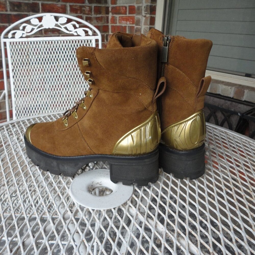 MICHAEL KORS "Khloe" Brown Suede Chunky Combat Boots with Gold Trim Size 7.5 - Picture 5 of 9
